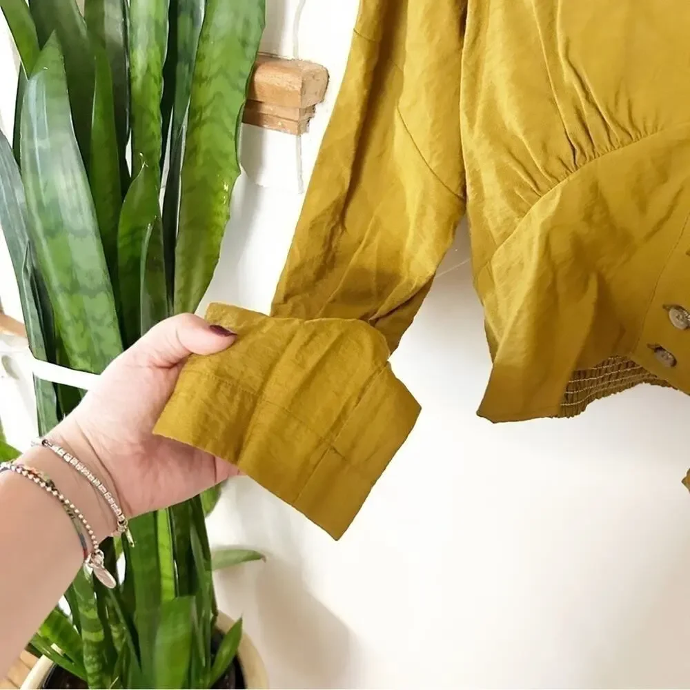 Free People Mustard Yellow Long Sleeve Smocked Forever Yours Cropped Top Size S